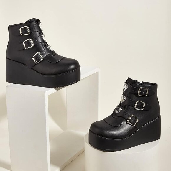 🆕 Platform Chunky Ankle Boots - Women Black Polyurethane Rave Goth Booties - Picture 6 of 10